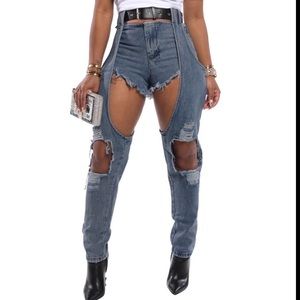 Fashion Cut Out Stitching Ripped Jeans XLarge